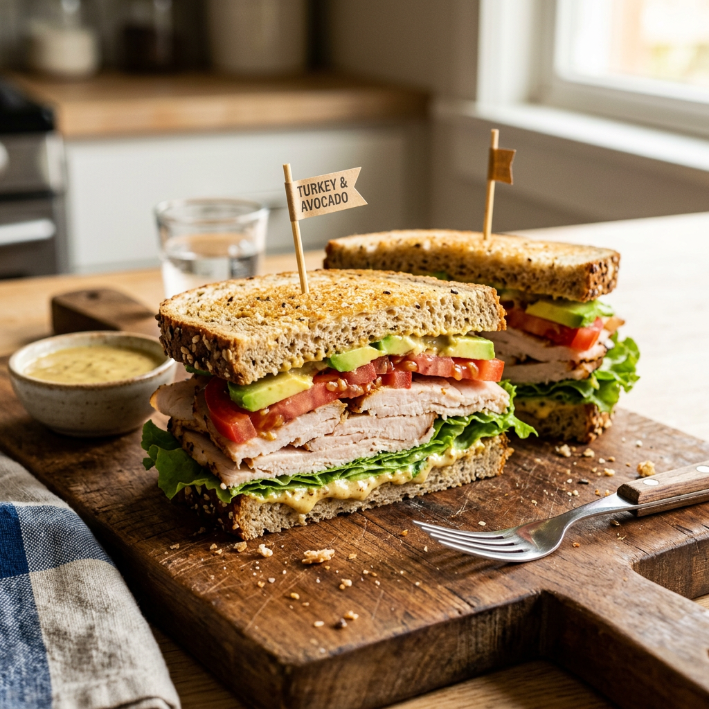 Turkey and avocado sandwich with lettuce and tomato on multigrain bread