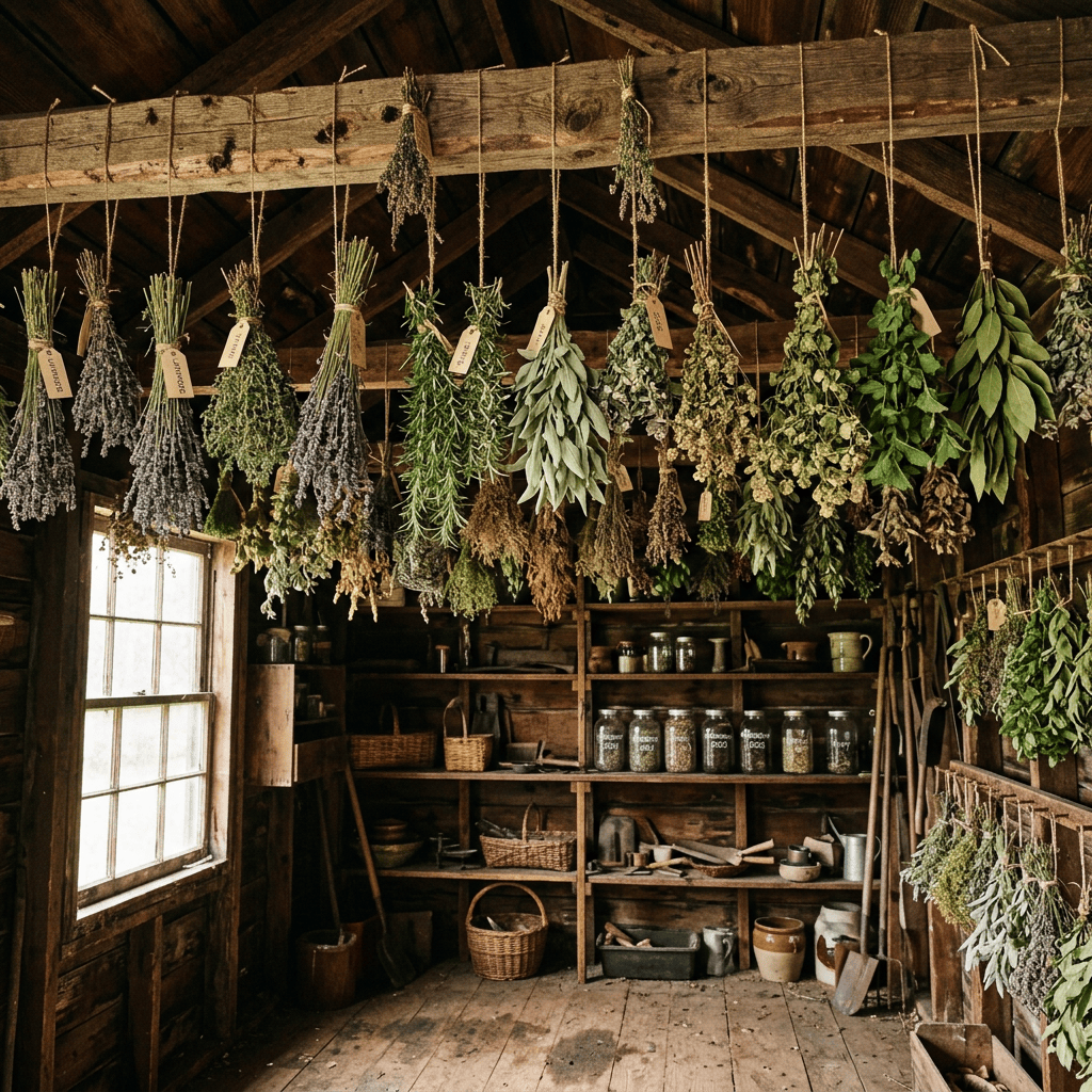 Rustic wooden shed filled with hanging bundles of drying herbs